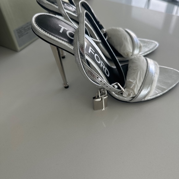 TOM FORD Naked Padlock 105 Sandal in Flesh | FWRD Tom Ford Padlock 105 Metallic Leather Point-Toe Ankle-Strap Sandals